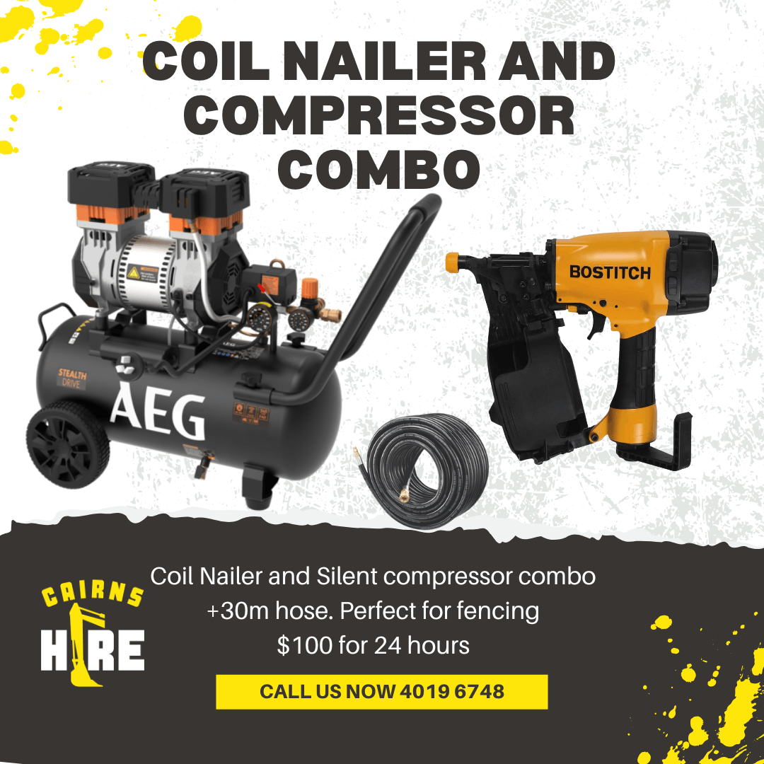 An advertisement for a coil nailer and compressor combo.