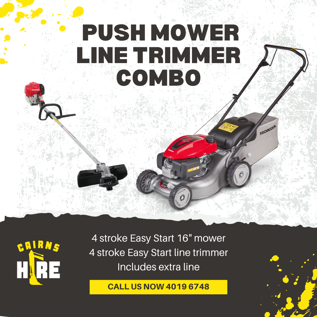 A push mower line trimmer combo with a trimmer attached to it.
