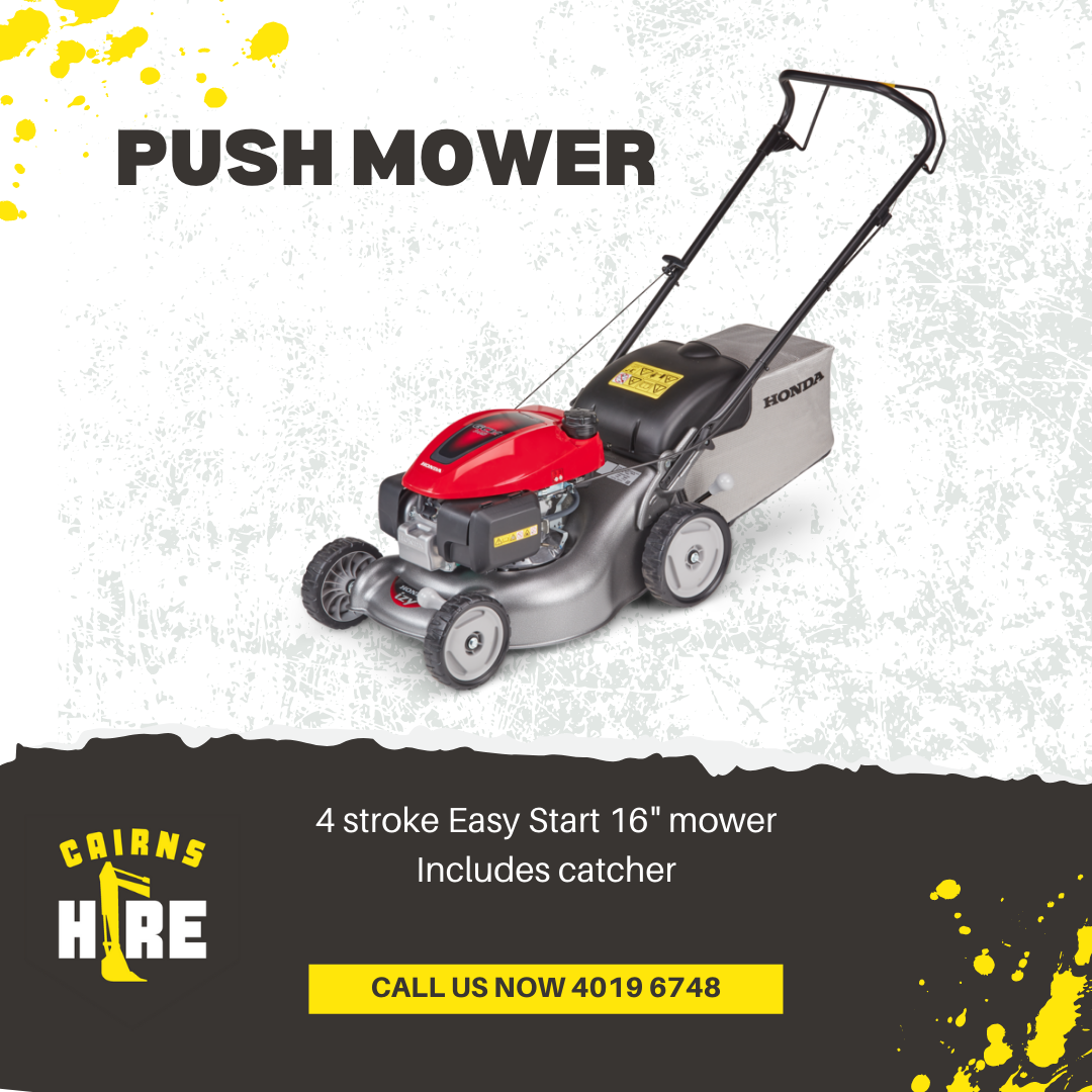 A picture of a push mower with a catcher.