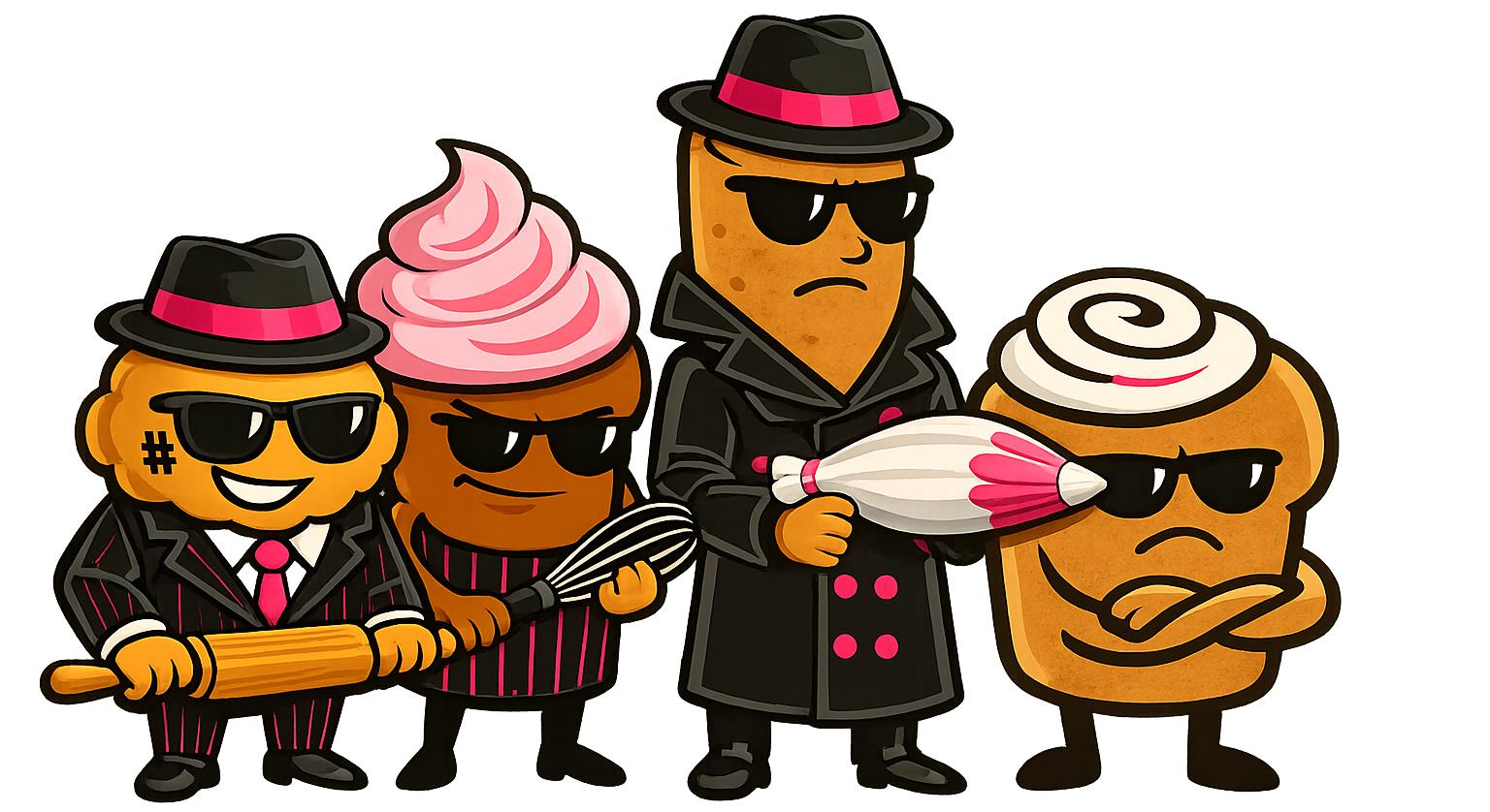 Illustrated Muffin Top Mafia dessert characters in mob-style outfits, representing the brand’s playful bakery crew.