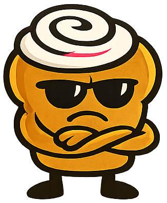 Cartoon cinnamon roll character styled like a mobster, part of the Muffin Top Mafia brand.