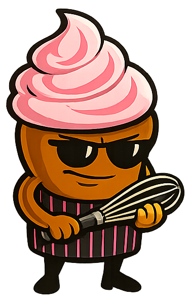 Cartoon cupcake character in a gangster outfit, part of the Muffin Top Mafia dessert lineup.