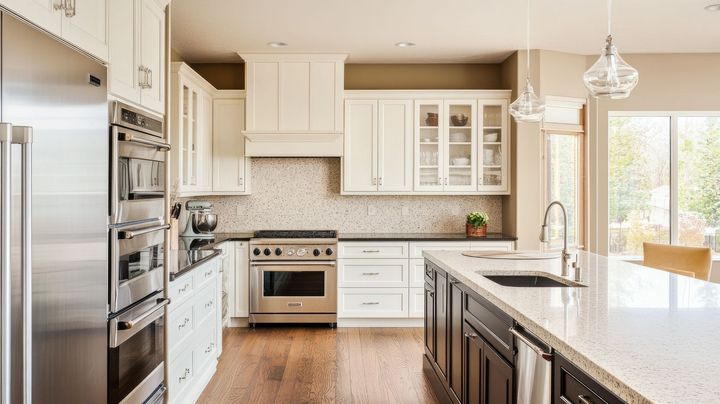 A kitchen with stainless steel appliances , white cabinets , granite counter tops and a large island.