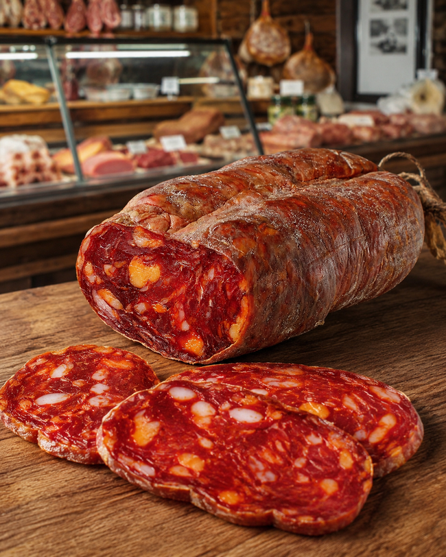 Tronchetto di salame affettato su un tagliere di legno al banco di una gastronomia, con uno sfondo sfocato di una macelleria.