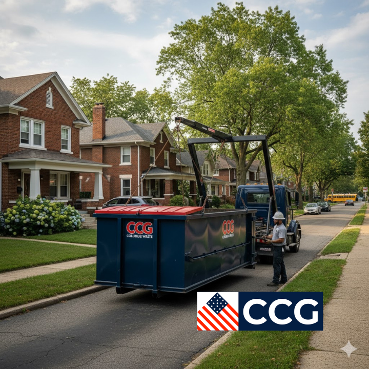 Dumpster rental size guide for Columbus Ohio showing 10-yard, 20-yard, 30-yard, and 40-yard options