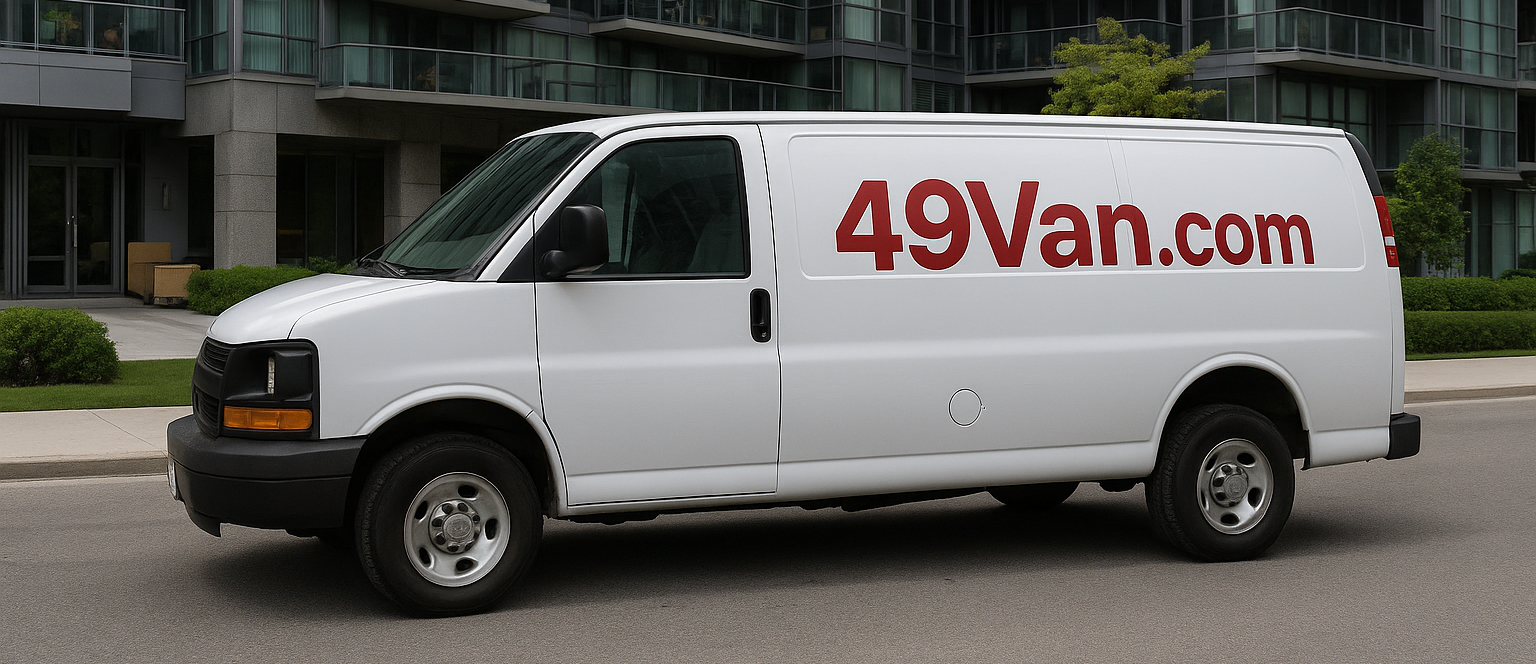 A white cargo van with bold red “49Van.com” branding is parked in front of a modern downtown condo building, ready for furniture delivery.