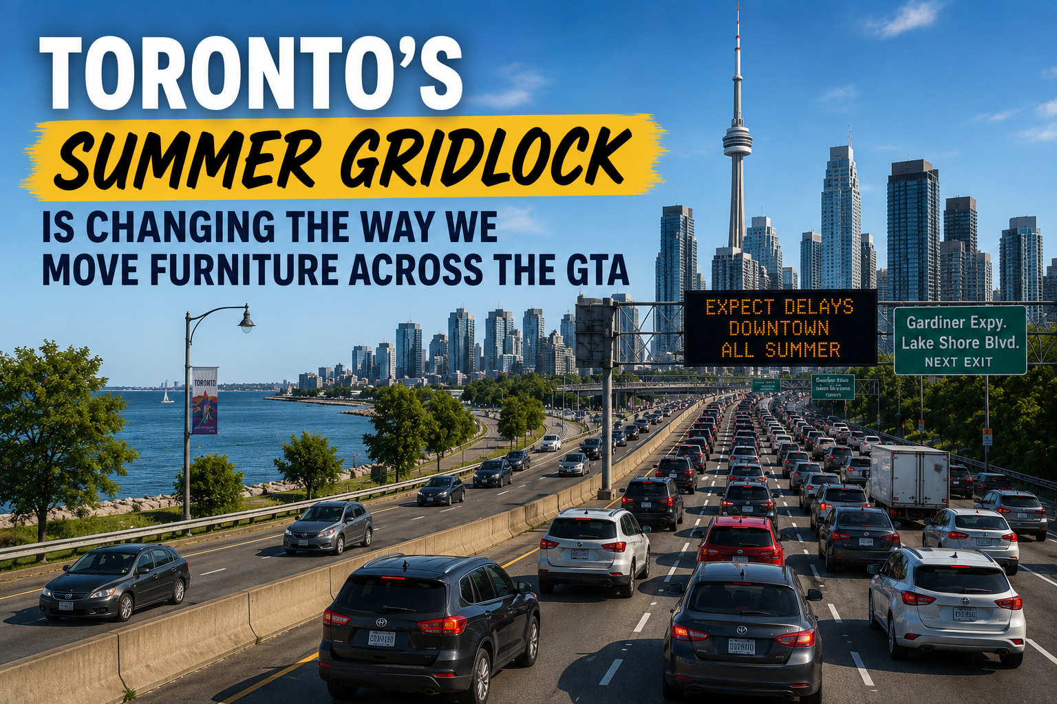Toronto highway traffic jam with skyline and headline “Summer Gridlock” about moving furniture across the GTA