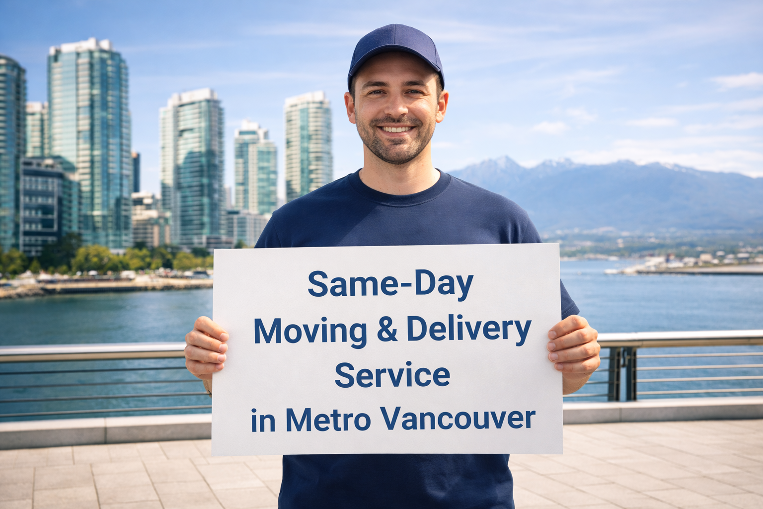 A smiling person in a blue cap holds a sign advertising same-day moving and delivery services in Metro Vancouver.