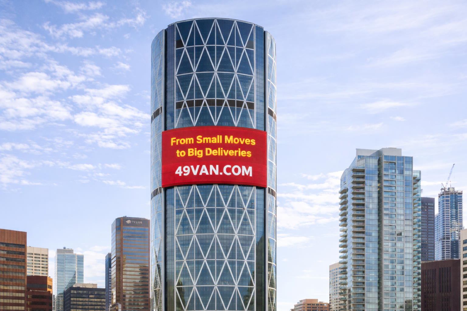 A cylindrical skyscraper in a city skyline features a banner advertising