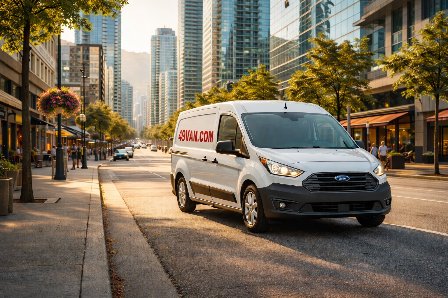 A white 49VAN cargo van drives downtown Vancouver