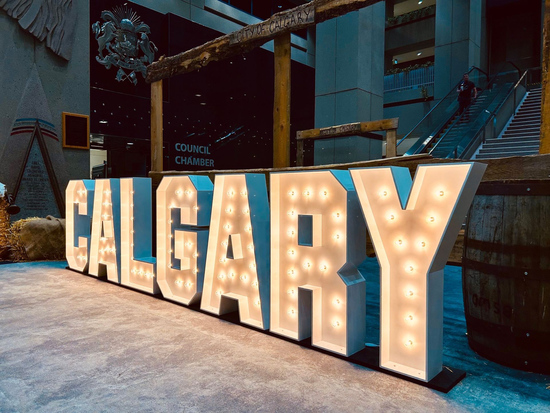 A large, red, illuminated 