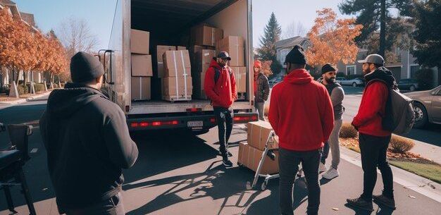 Movers unloading furniture Flat pack boxes