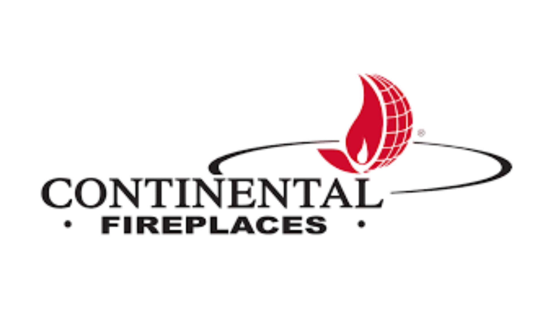 The logo for continental fireplace shows a flame and a globe.