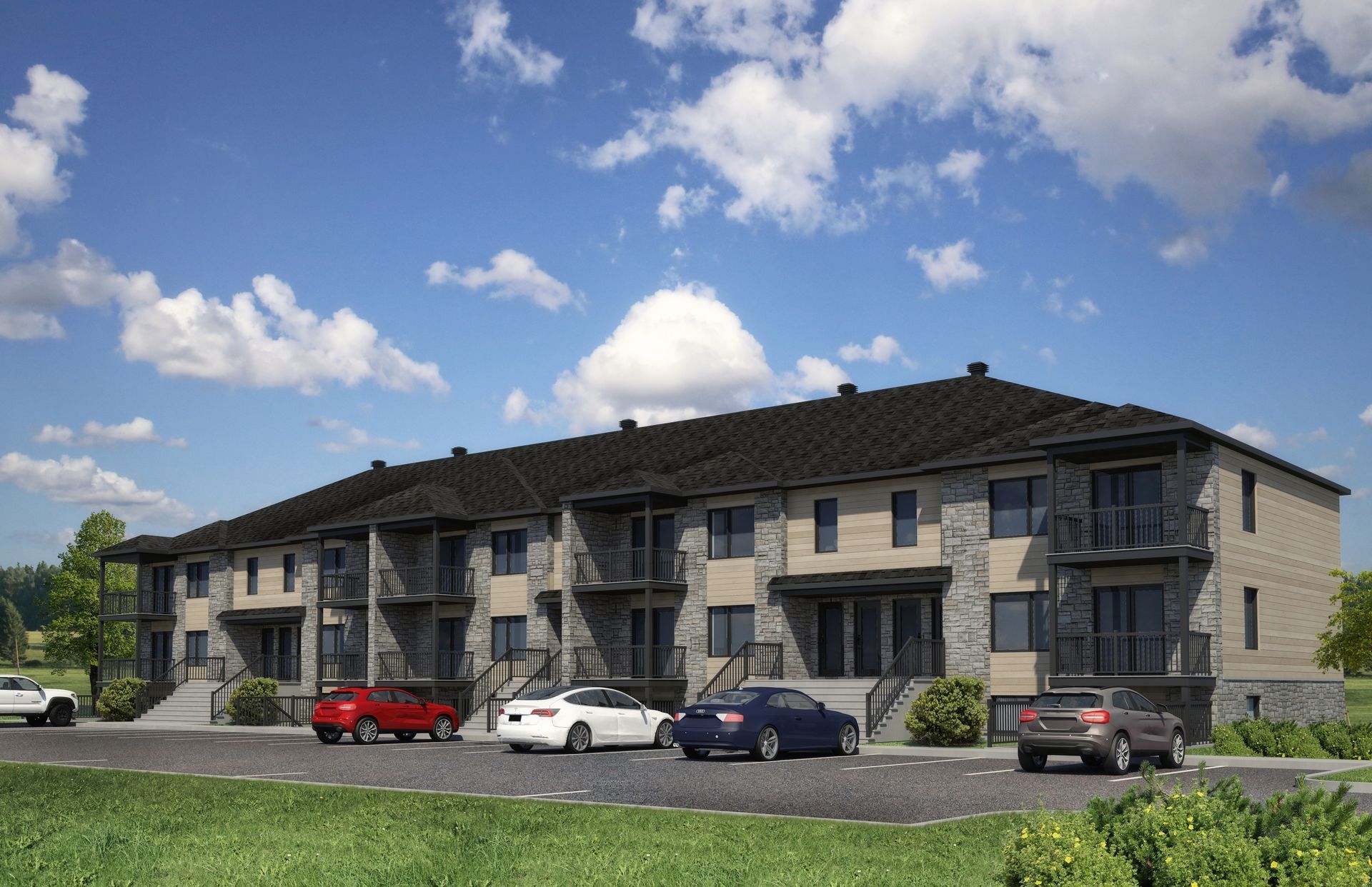 Immeuble d'appartements avec façade en pierre, toit sombre, balcons, voitures garées et ciel bleu.