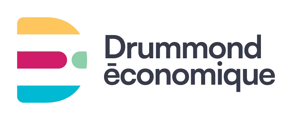 Logo pour « Drummond économique » avec un design abstrait coloré et du texte.