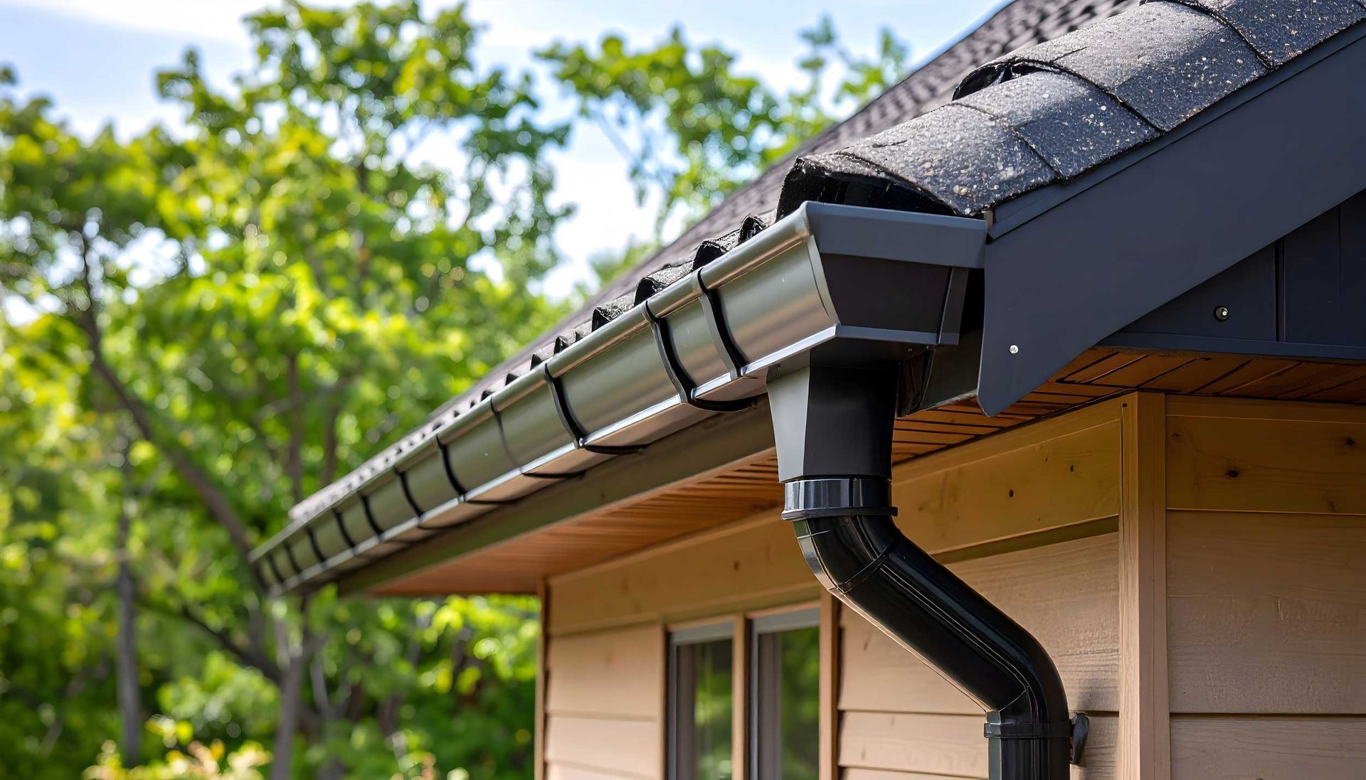 Close-up of a house roof with black shingles and a silver gutter system. Close-up of a house roof with black shingles and a silver gutter system.