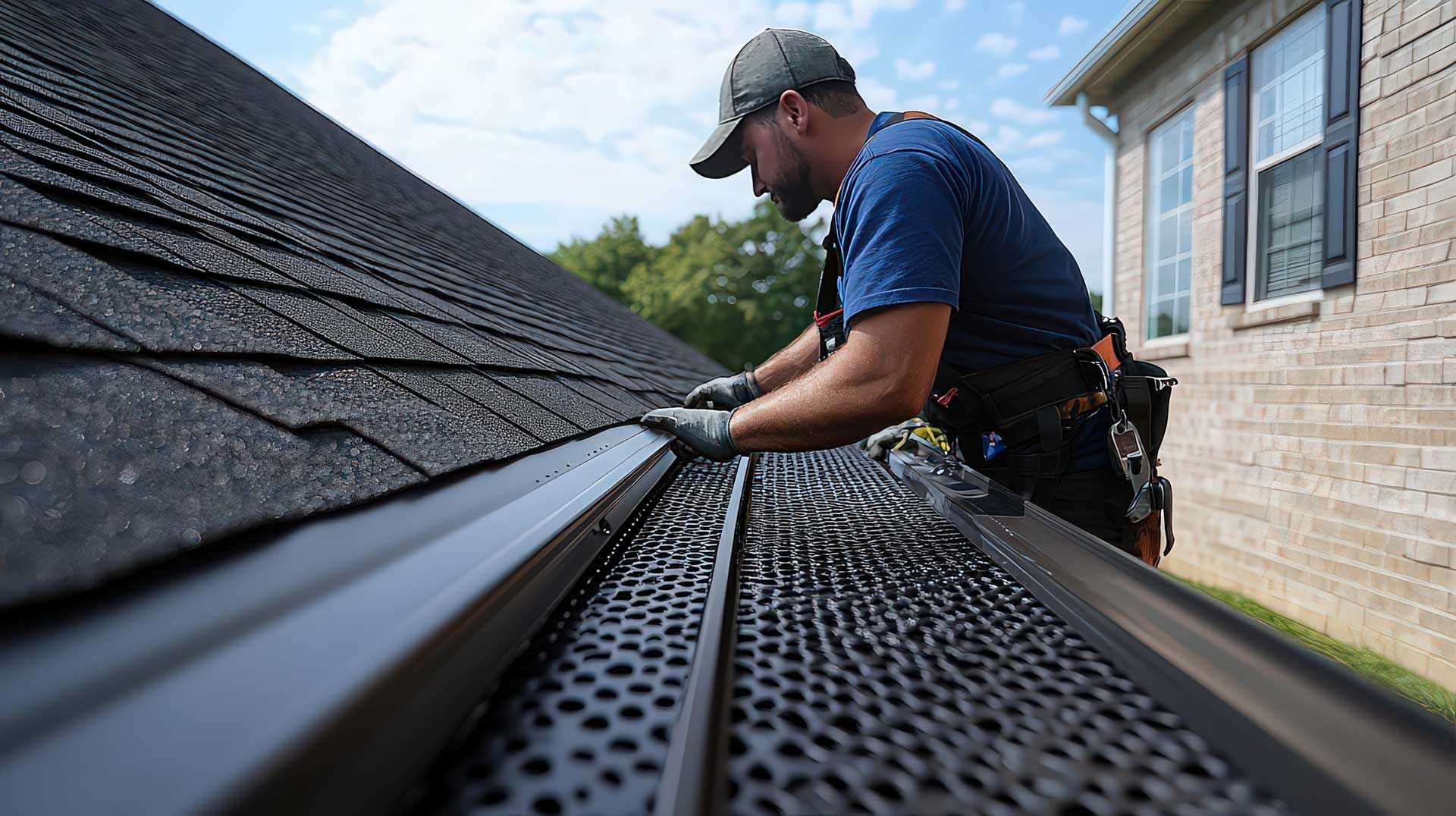 Worker installing a black gutter guard on a house roof.