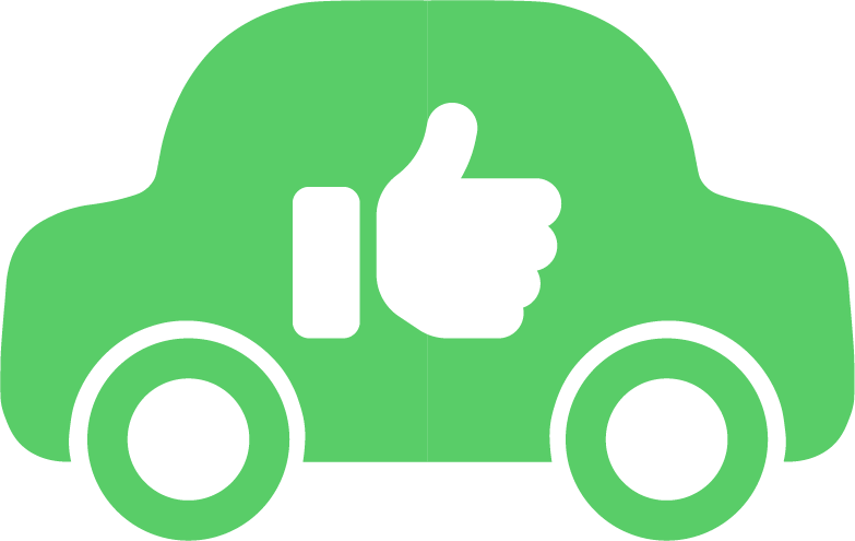 A green car with a thumbs up sign on it.