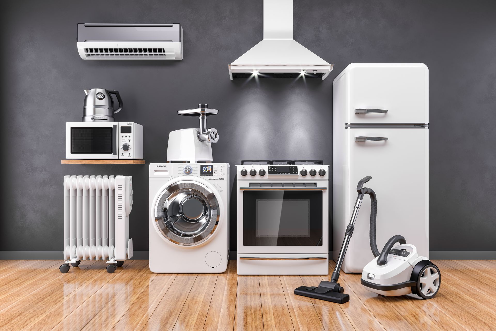 There are many different types of appliances in this room.