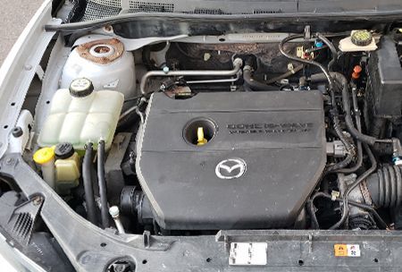 Car engine compartment with engine components, coolant reservoir, and fluid containers.