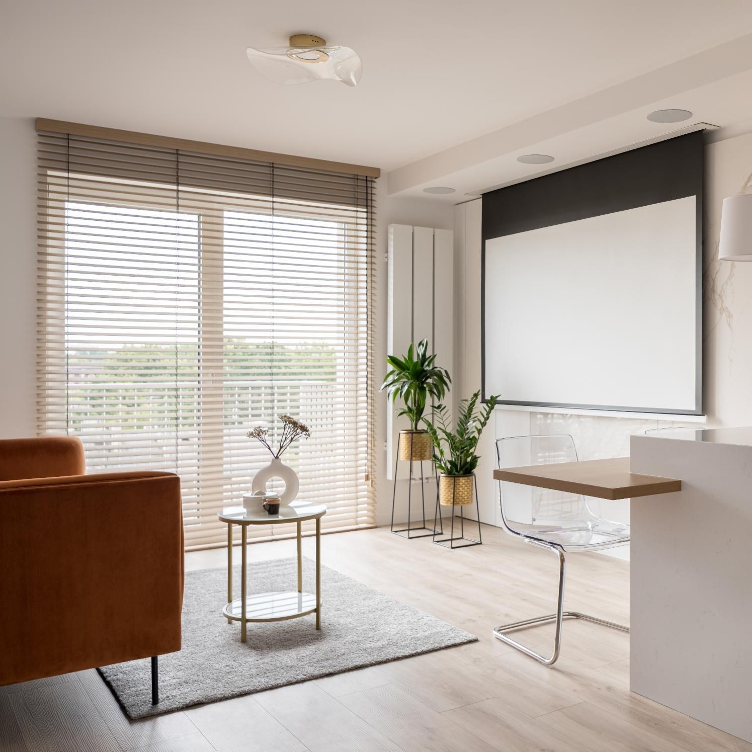 Bright modern living room with blinds, sofa, coffee table, plant, and a large wall-mounted screen