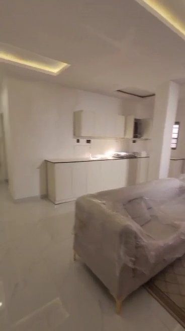 A living room with a couch and a kitchen in the background.