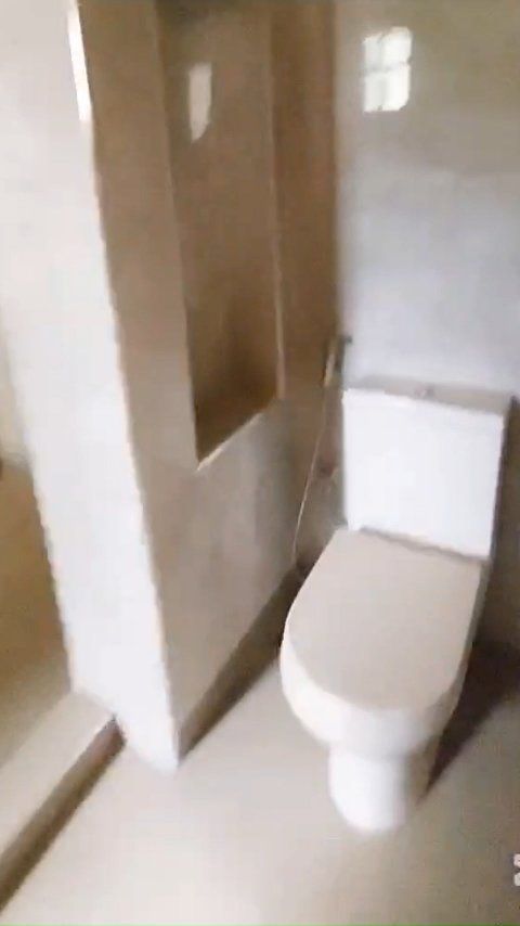 A bathroom with a toilet and a mirror.