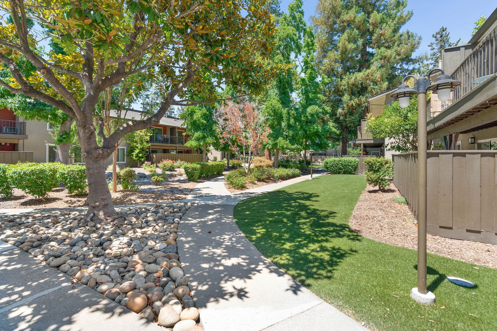 Outdoor apartment community courtyard with trees, a paved walkway, and landscaped lawns.