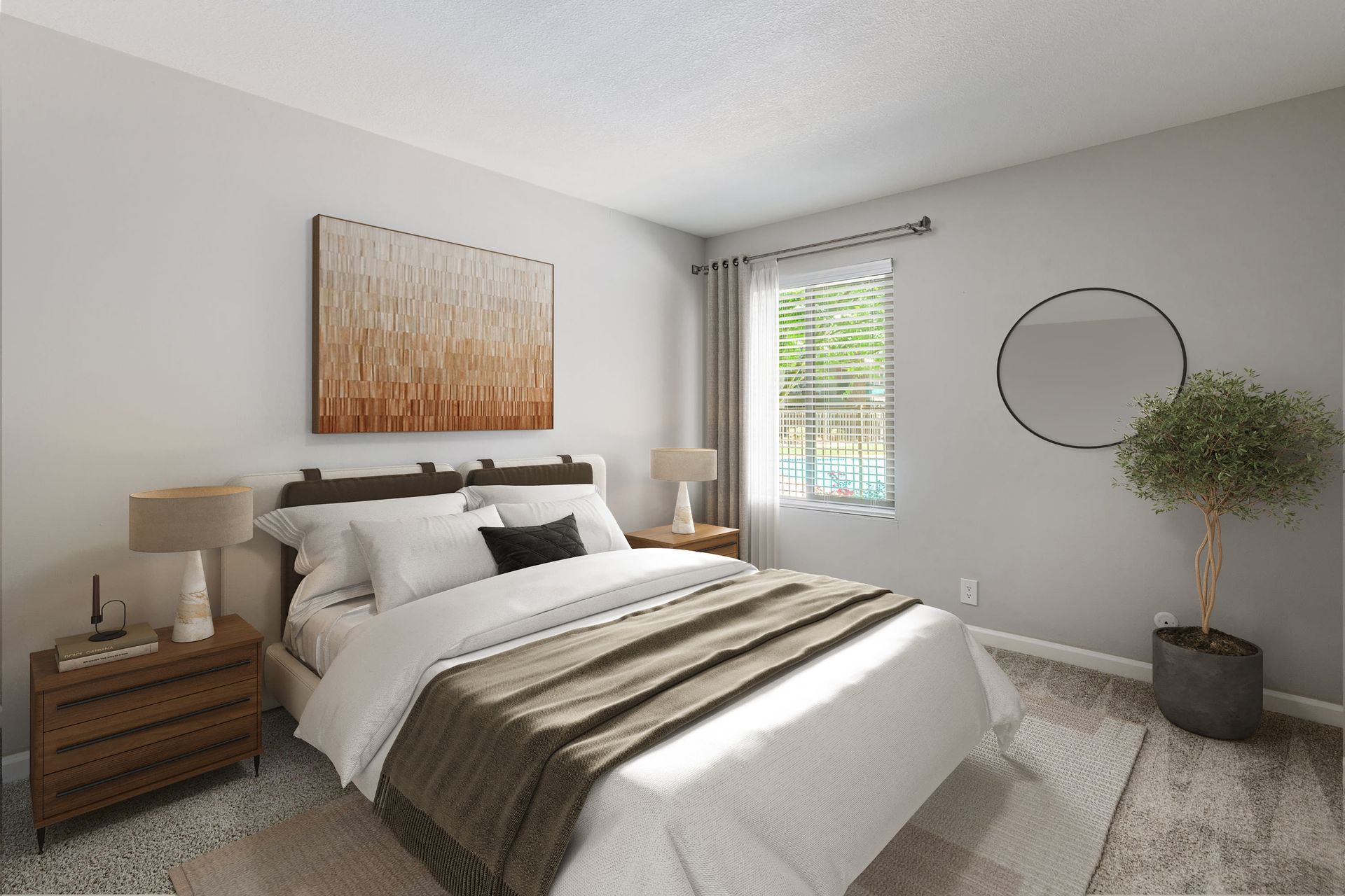 Bedroom in a modern apartment featuring a large bed, two nightstands, a window with blinds, and a potted plant.