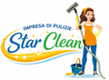 Logo per l'impresa di pulizie Star Clean, con testo, un simbolo a forma di onda dorata e una persona che tiene in mano un aspirapolvere.