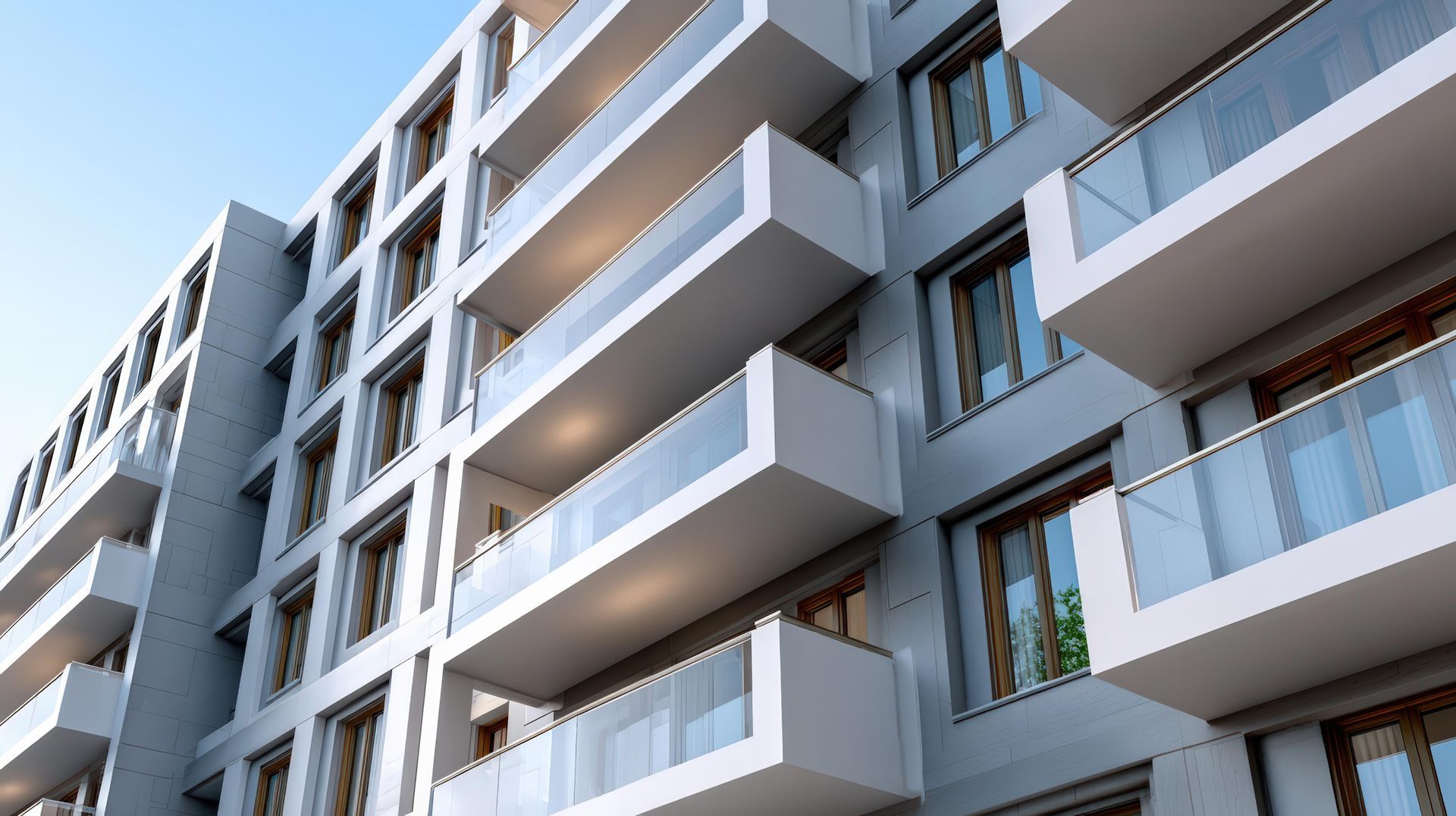Modern residential building with balconies against a clear blue sky.