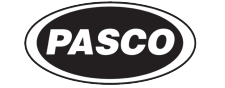 A black and white logo for pasco in a circle on a white background.