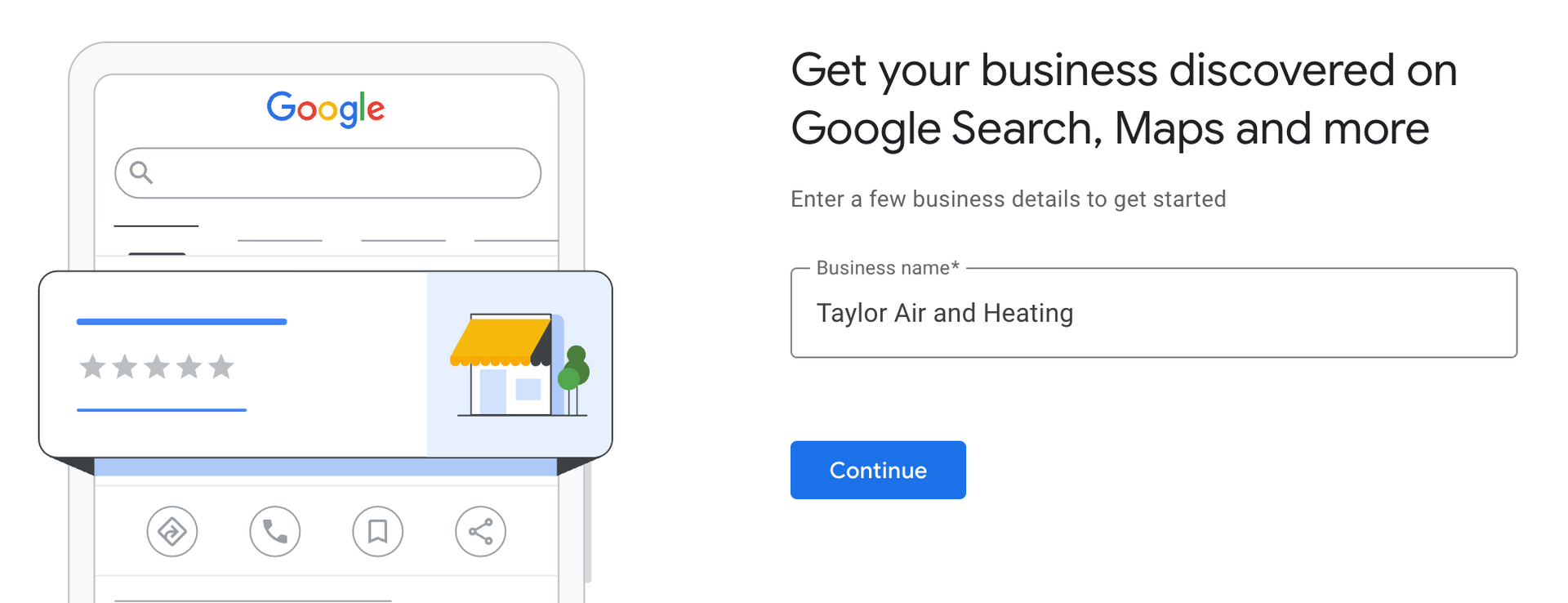 Screenshot of adding your business to google maps - the business name field