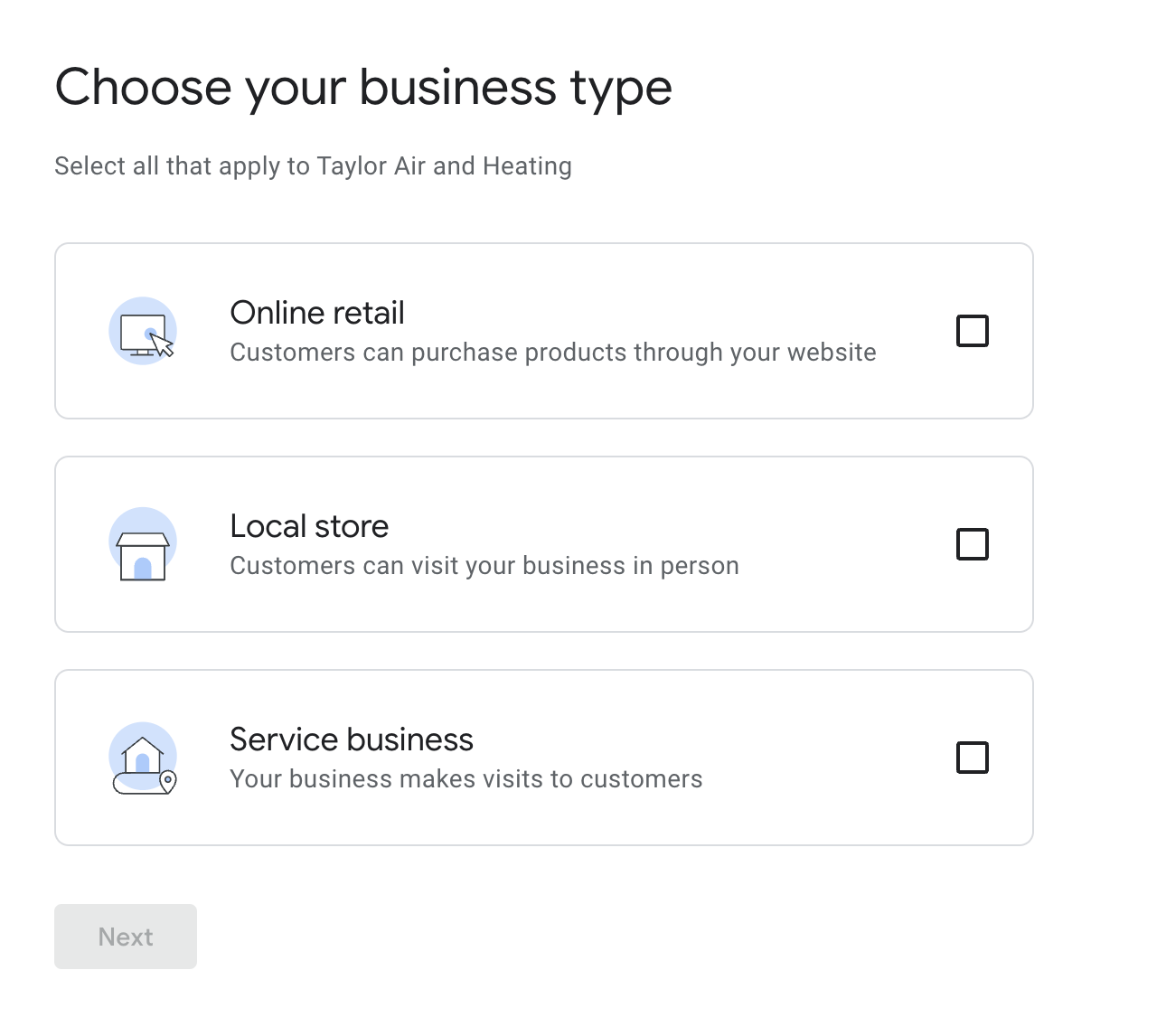 Screenshot of adding your business to google maps - choose your business type with options of Online Retail, Local Store or Service Business