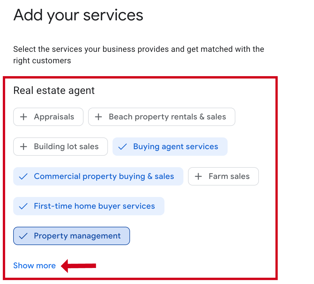 Screenshot of what it looks like to add your services to your google business profile