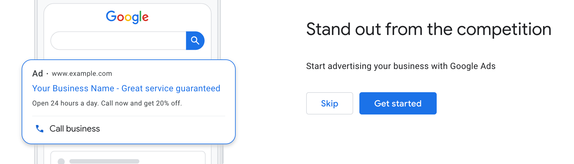 Screenshot showing Google trying to sell your new business advertising