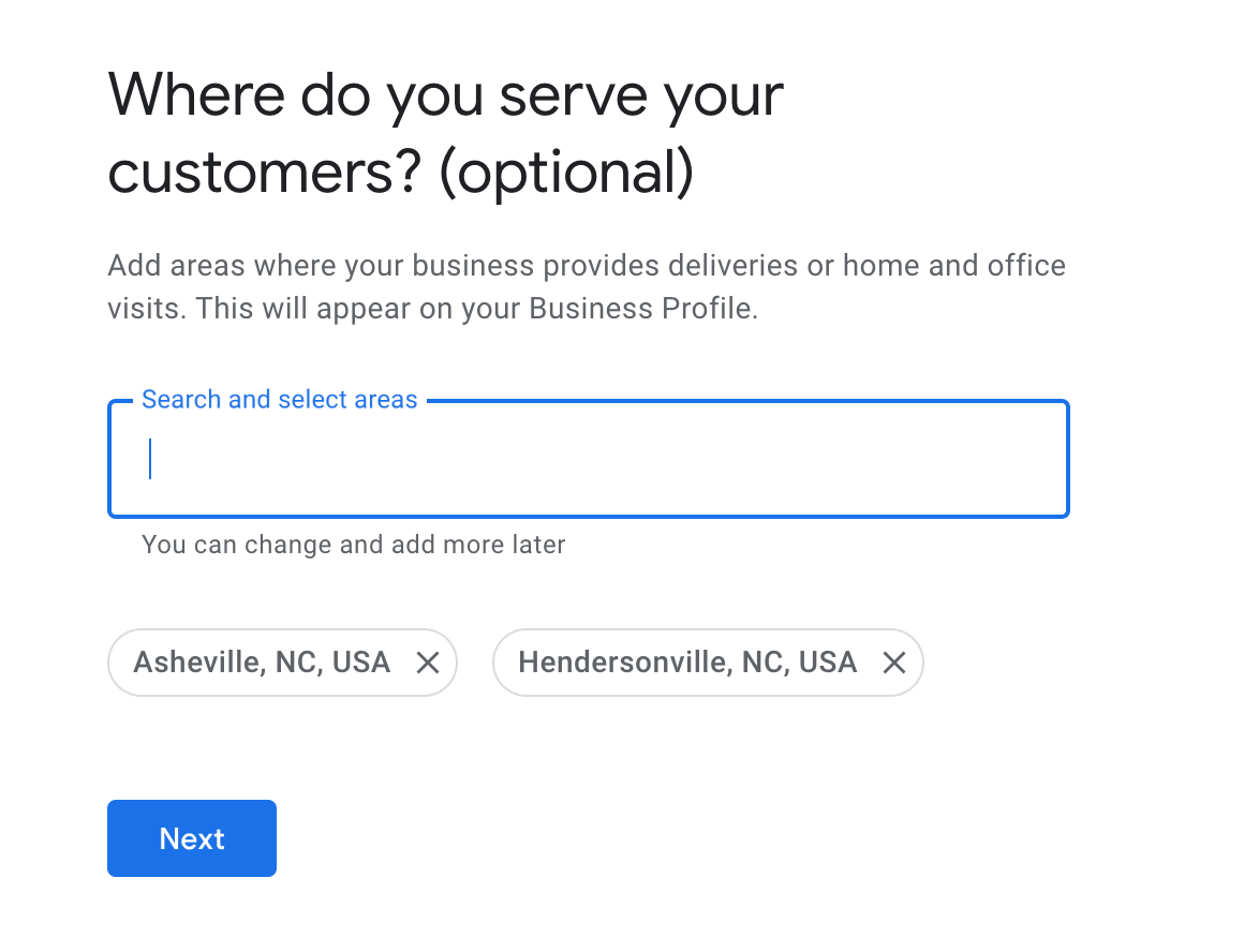 Screenshot of adding your company's service area to your google business profile