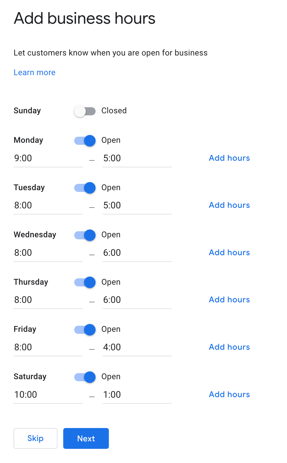 Screenshot showing how to add hours to your google business listing.