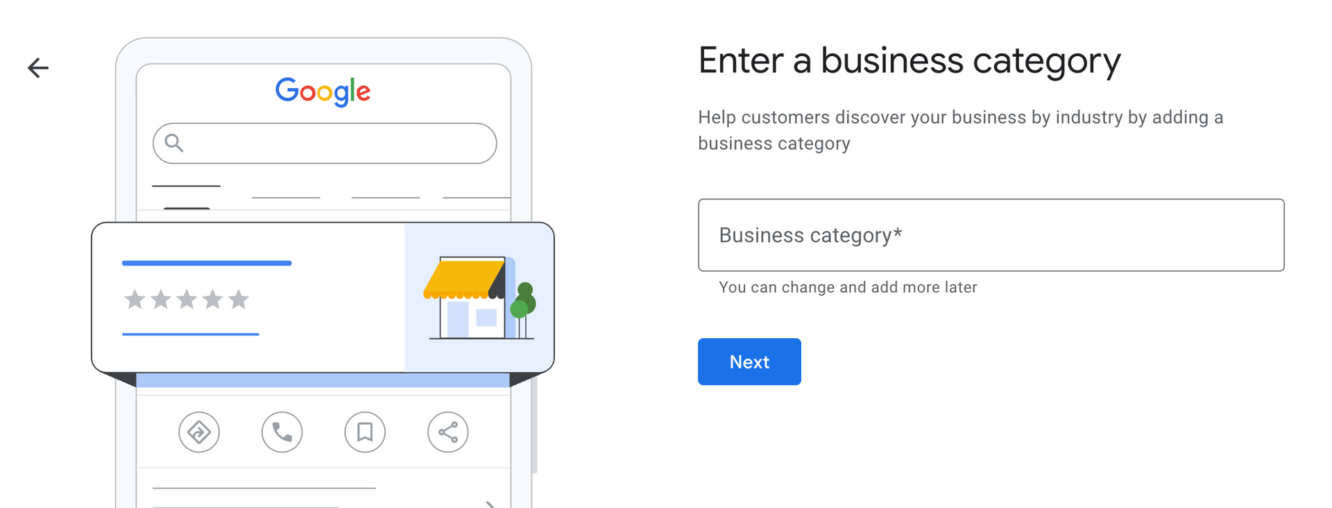 Screenshot of entering a business category as part of your google business profile