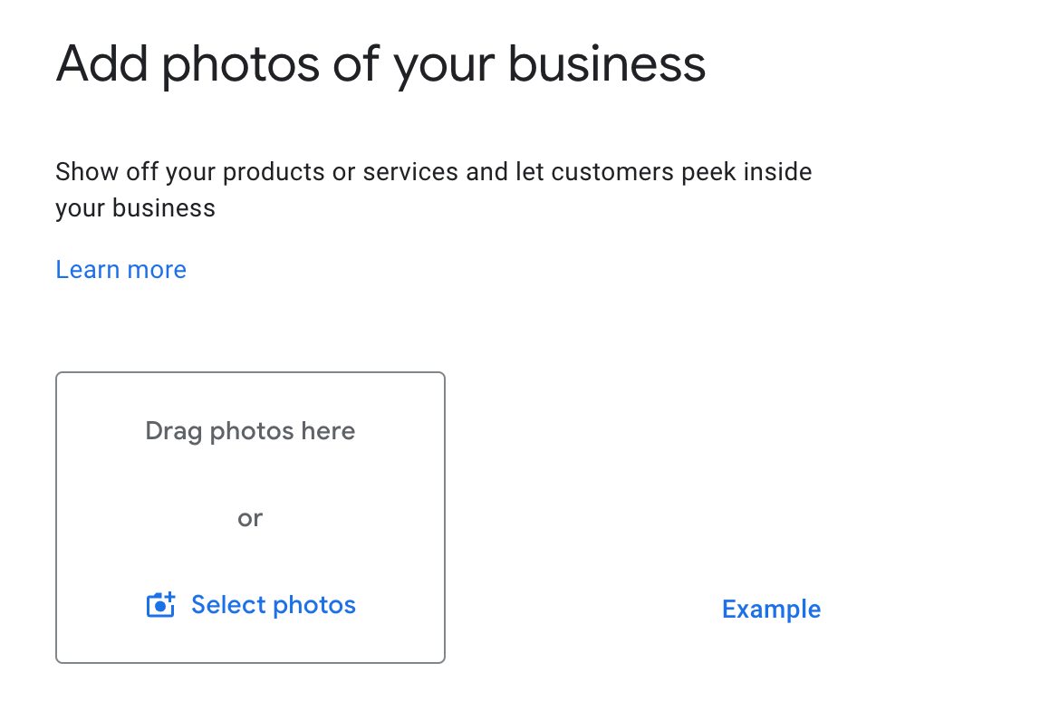 Screenshot showing where you can add photos when setting up a google business profile