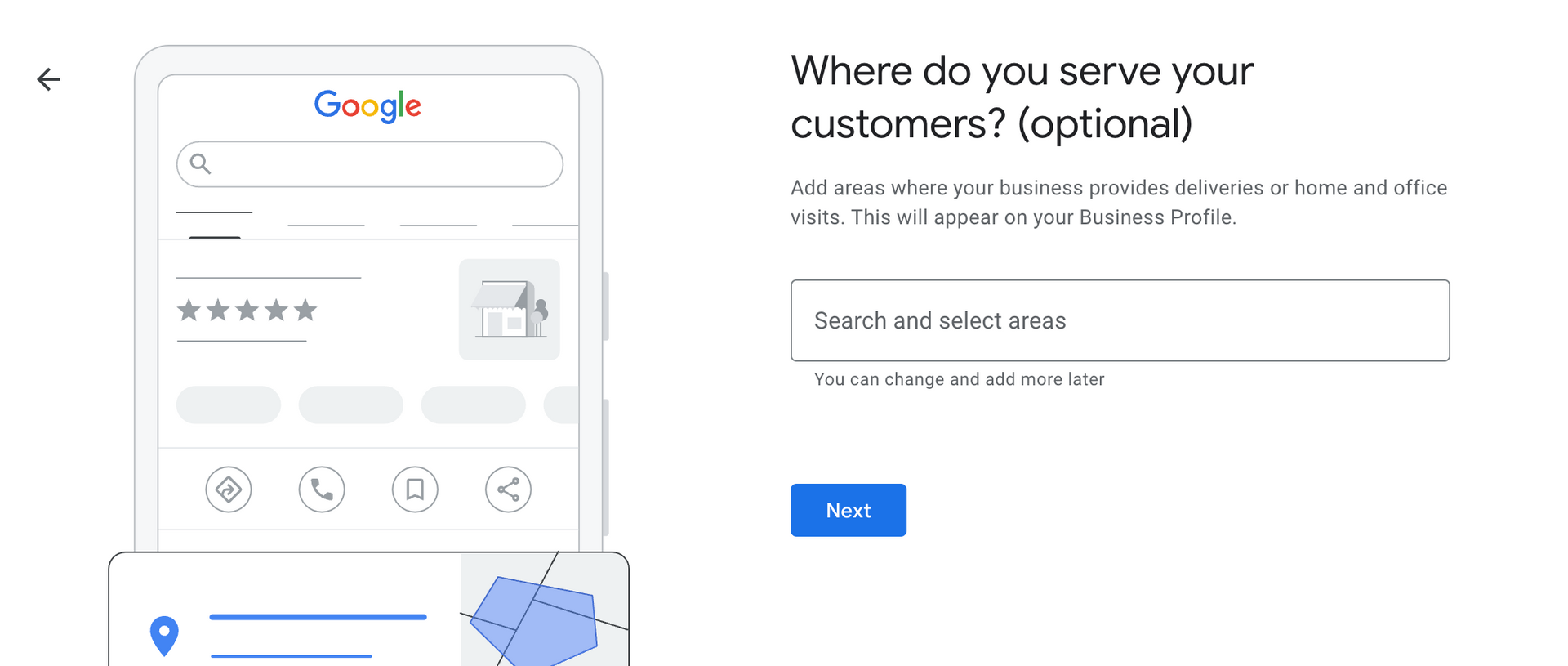 Screenshot of entering your service area while creating a google business profile for google maps