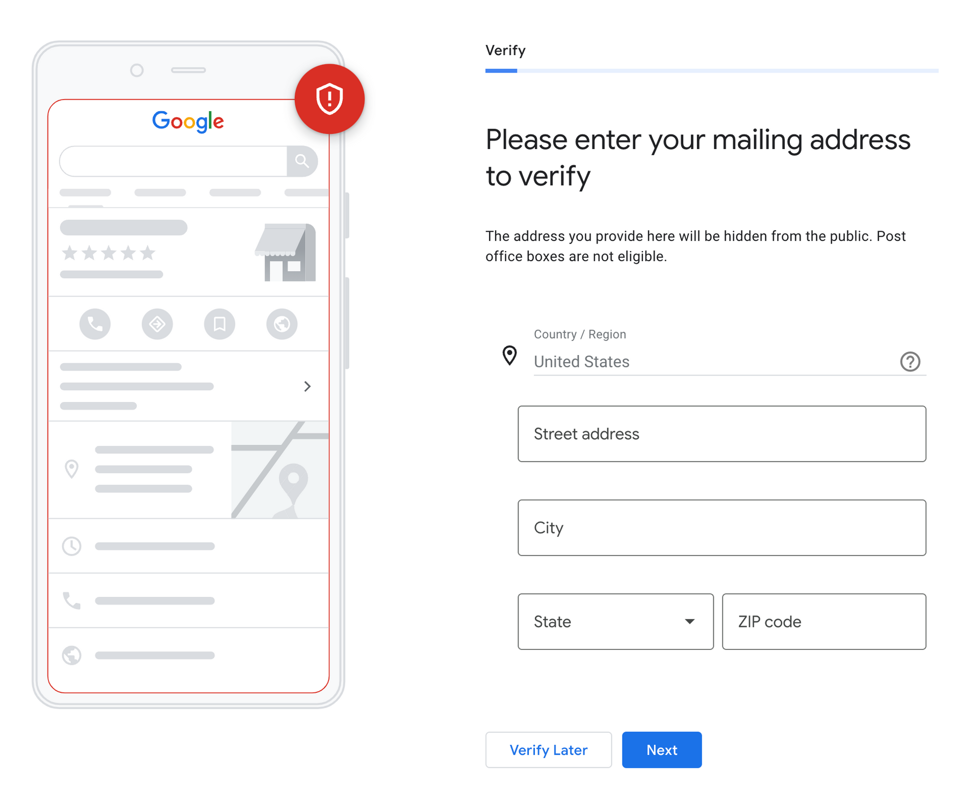 Screenshot of entering your company mailing address to get verified by Google so your business can be on Google maps