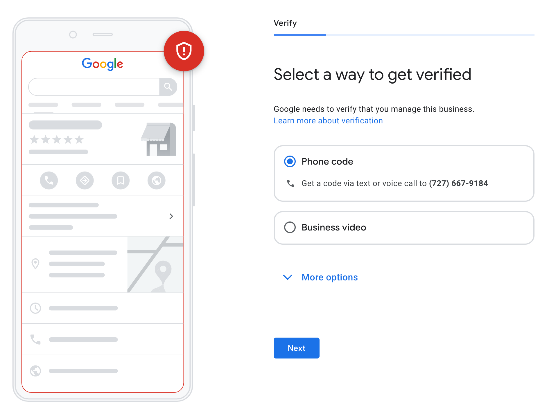 Screenshot showing some of the ways that Google might verified your identity when creating a business listing. This screenshot shows a phone call or business video.