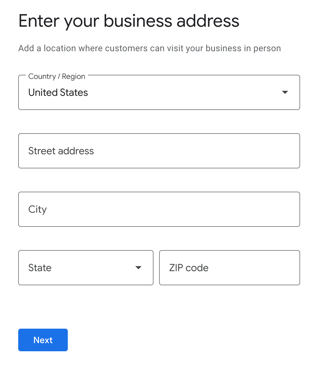 Screenshot of adding your business address in order to create a google business profile