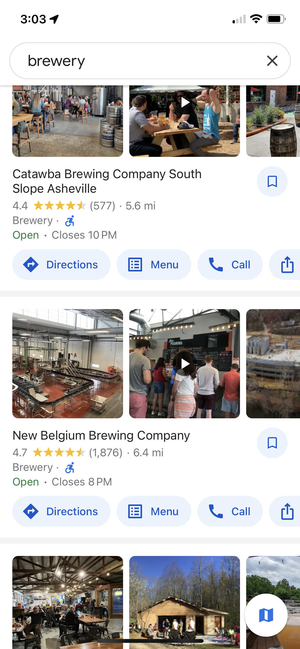 Mobile phone screenshot showing a search for local breweries