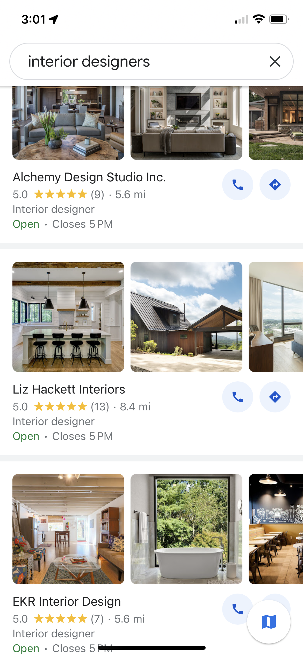 Mobile phone screenshot showing a search for local interior designers