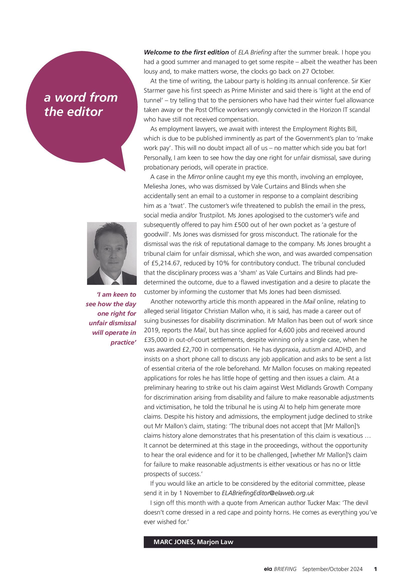 ELA Briefing Editorial - September/October 2024