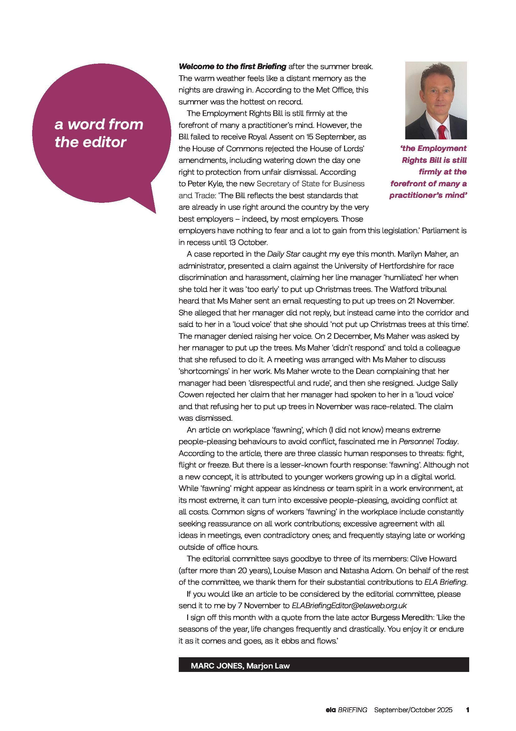 ELA Briefing Editorial - Marc Jones - September/October 2025