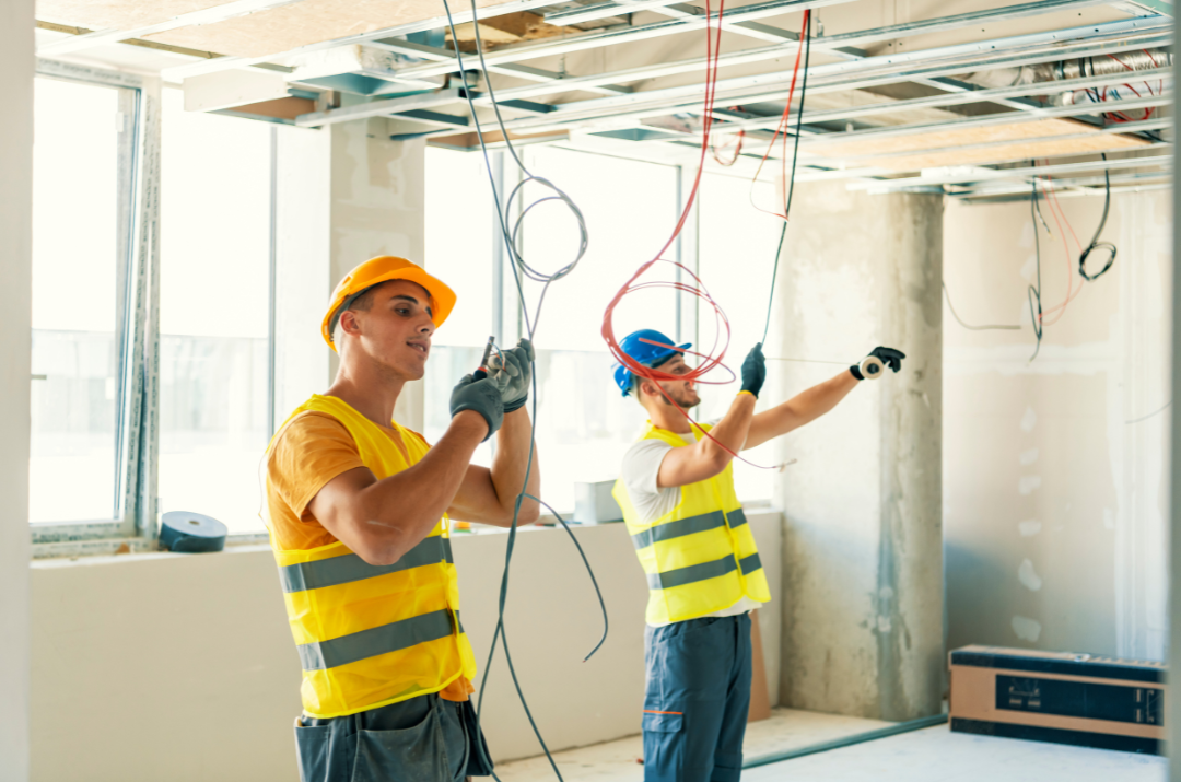 A man in a hard hat is working on an electrical box.