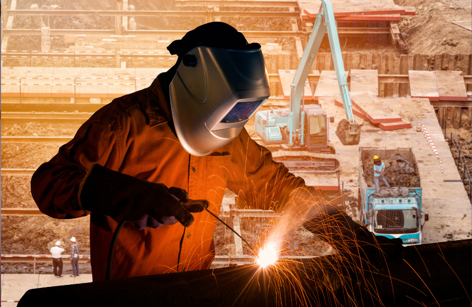 A man wearing a welding mask is welding a pipe.
